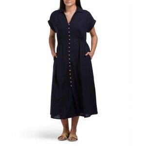 NWT Tahari Navy Linen Blend Solid Short Sleeve Button Front Midi Dress‎ Size XS
